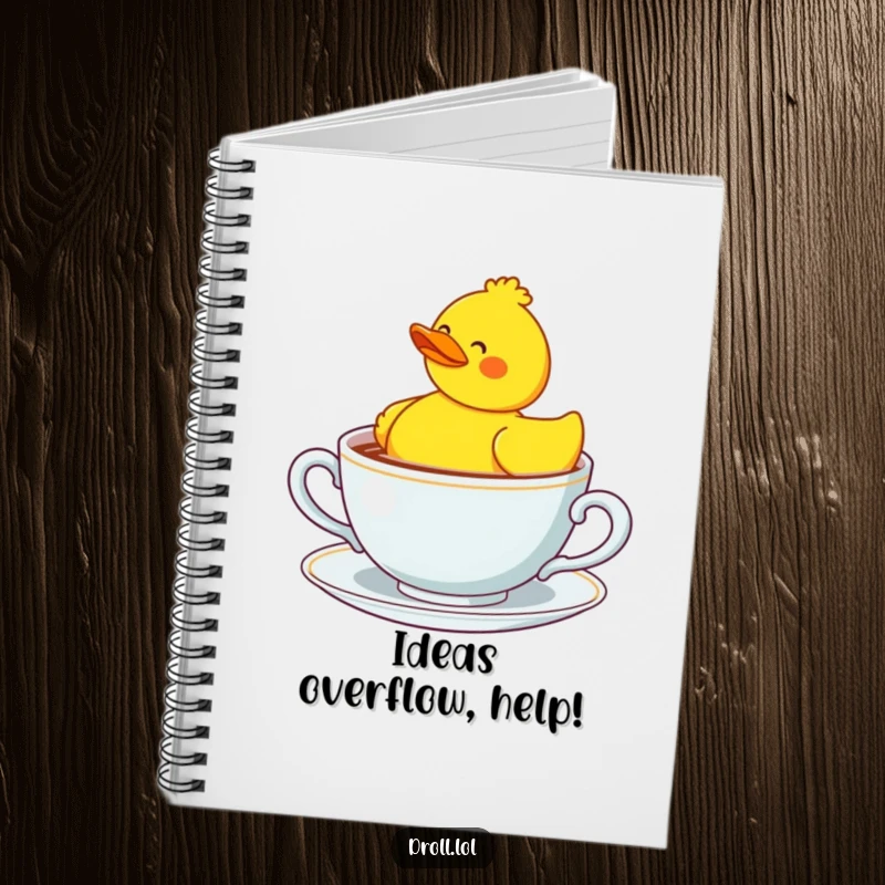 Funny confused rubber duck facing a giant teacup, a humorous notebook for creative minds.