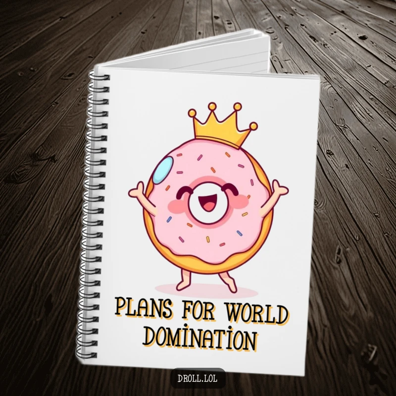 Funny cheerful donut with a tiny crown, doing a silly dance on a notebook. Sweet and inspiring journal.