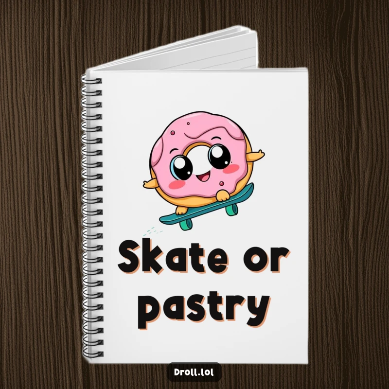 Funny donut with big eyes skateboarding downhill on the cover of a notebook, inspiring humorous thoughts and creative writing.