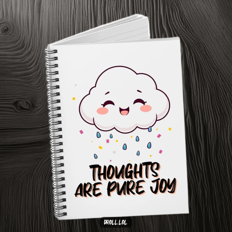 Funny happy cloud raining confetti, a humorous notebook for cheerful notes and ideas.