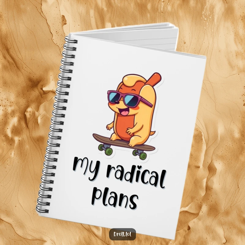 Funny happy, wiggling hot dog wearing sunglasses, riding a skateboard, featured on the cover of a cool notebook.