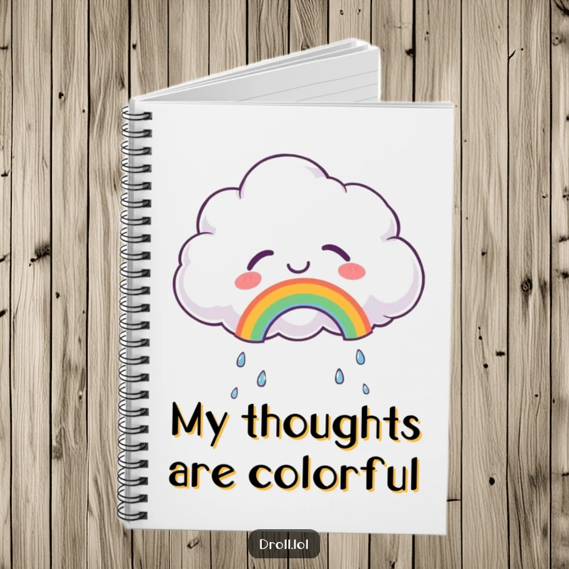 Funny notebook cover featuring a fluffy cloud crying tears of joy, creating a rainbow, perfect for journaling with a positive theme.