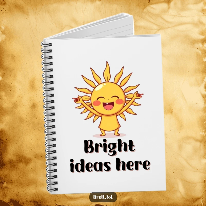 Funny laughing sun notebook, ideal for writing, depicting a sun stretching its rays into yoga poses.