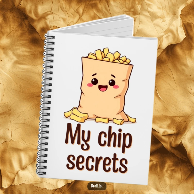 Funny mischievous potato hiding behind a giant bag of chips on the cover of a humorous and sneaky notebook.