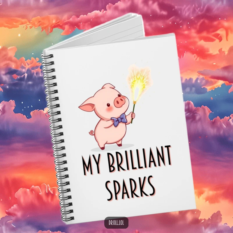 Funny notebook cover with a piglet in a bow tie accidentally igniting a giant sparkler, symbolizing capturing ideas with festive humor.