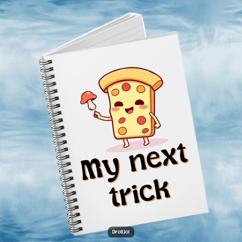 Funny pizza slice character levitating a mushroom on a notebook cover, perfect for jotting magical ideas.