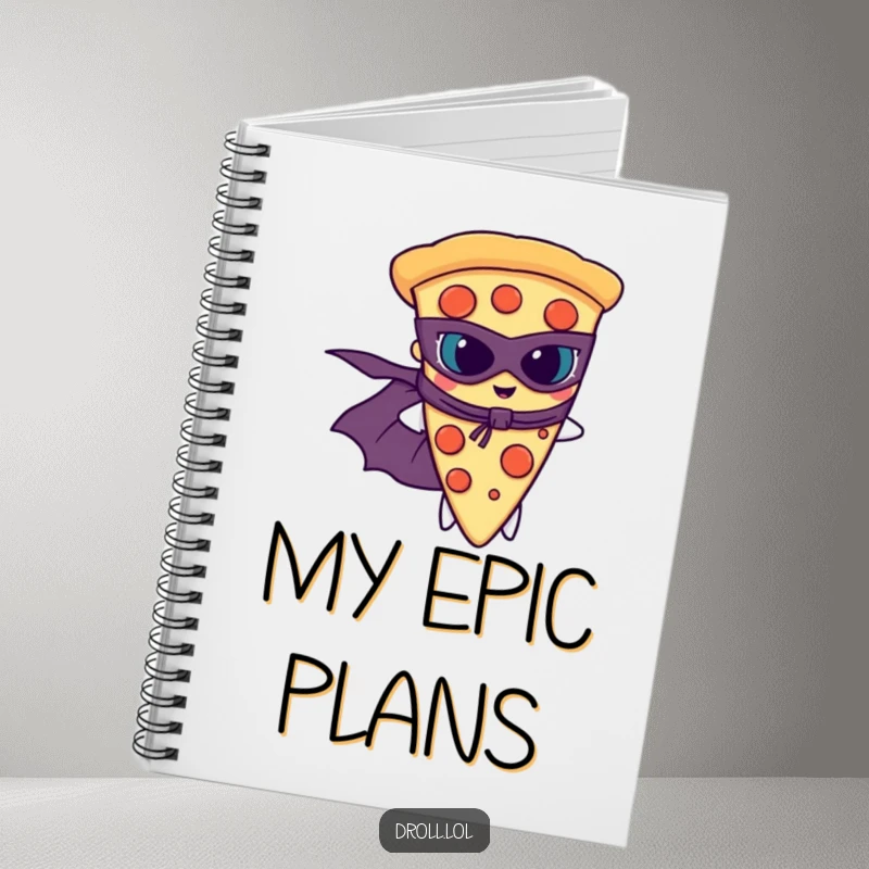 Funny slice of pizza with a superhero cape and mask, adorning a notebook for heroic plans.