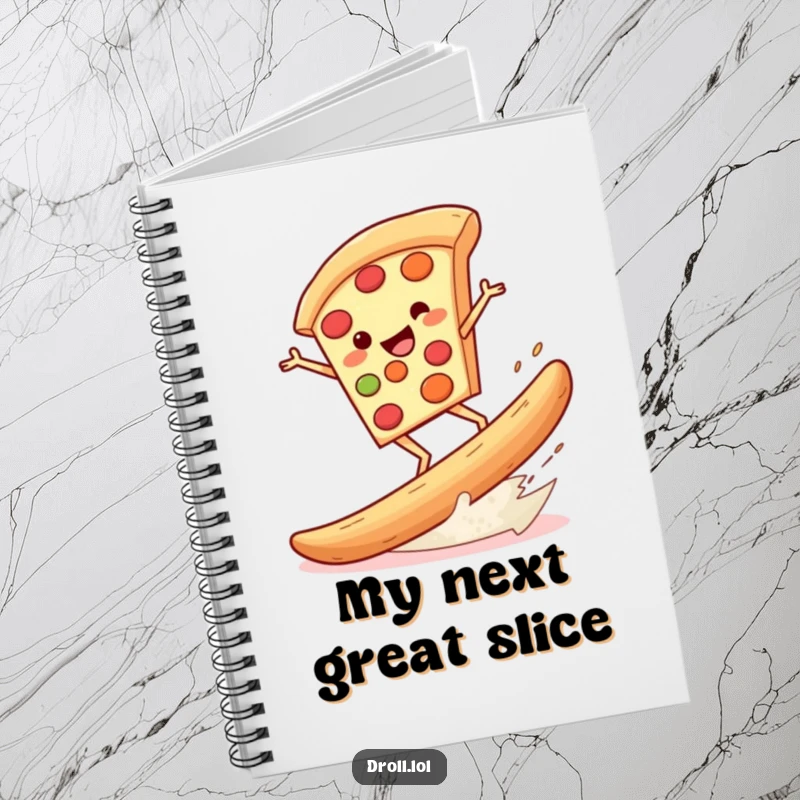 Funny notebook cover featuring a pizza slice riding a giant breadstick, perfect for jotting down thoughts with a humorous flair.