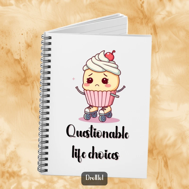 Funny notebook with a design of a bewildered cupcake on roller skates, looking like it might fall, ready for notes.
