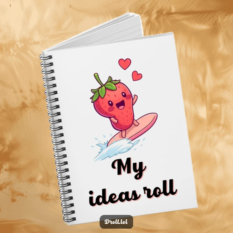 Funny notebook cover: a happy strawberry attempts to surf a runaway blueberry, capturing a moment of playful, fruity chaos.