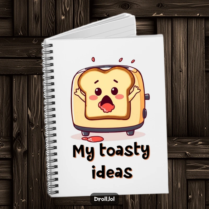 Funny notebook featuring a surprised slice of toast leaping from a toaster with jam splatter, for jotting ideas.