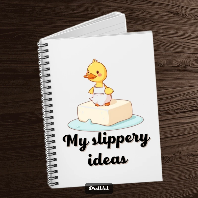 Funny notebook cover showing a duck wearing an apron comically tripping on a large bar of soap.