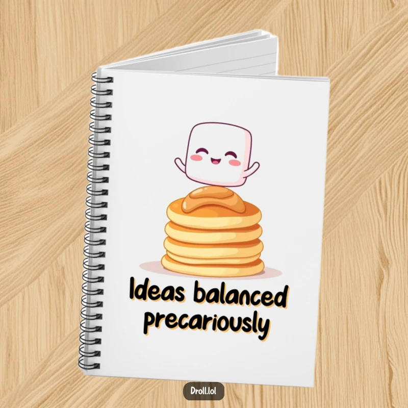 Funny notebook with a giggling marshmallow character balancing on pancakes, perfect for journaling and notes.
