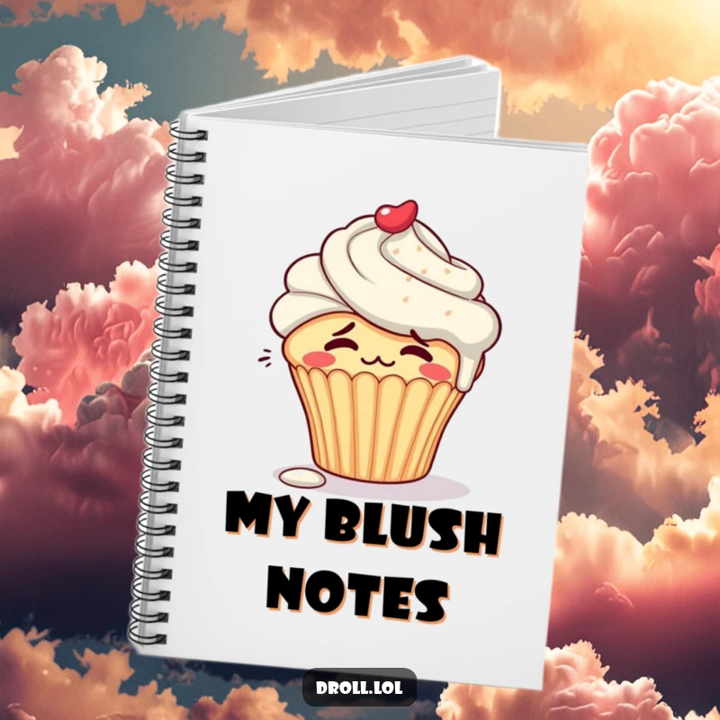 Funny embarrassed cupcake character blushing with frosting dripping down its side on a notebook cover.