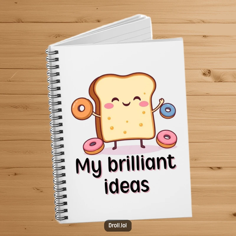 Funny notebook with a design of a cheerful slice of toast juggling donuts, perfect for writing.