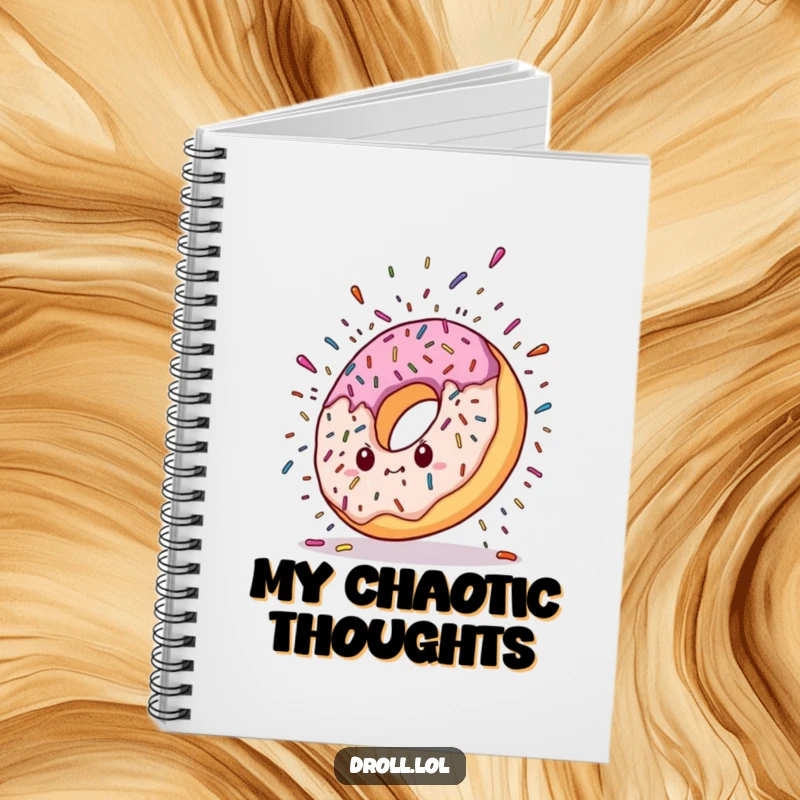 Funny notebook cover with a donut character dramatically falling, with a colorful explosion of sprinkles, inspiring creativity and sweet indulgence.