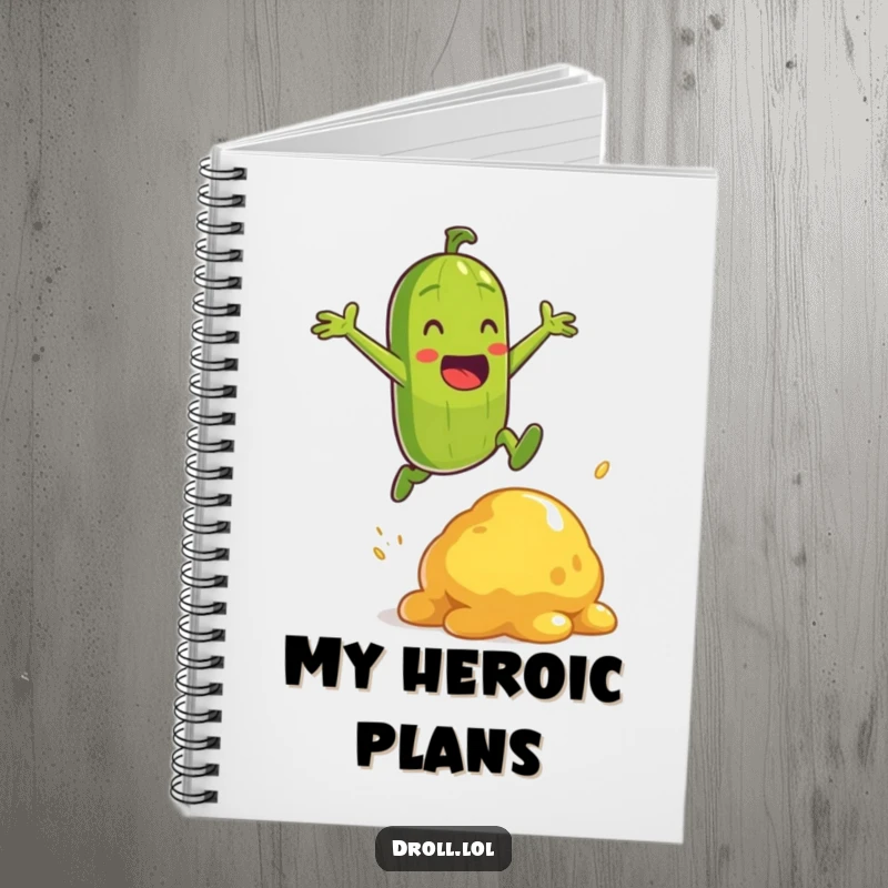 Funny energetic pickle character jumping heroically over a mustard blob on a notebook cover.