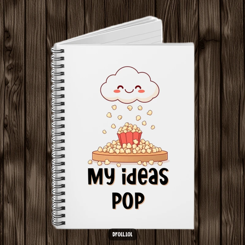 Funny notebook cover art: a happy cloud raining popcorn, capturing a moment of whimsical delight and abundant snacks.
