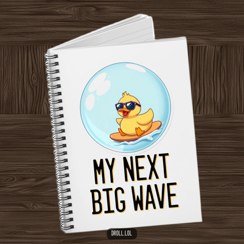 Funny rubber duck with sunglasses surfing a bubble, a humorous notebook cover for writing and drawing.