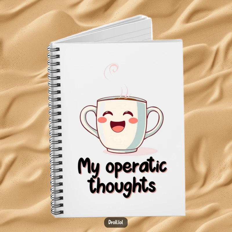 Funny Opera Mug Notebook: A coffee mug singing opera with steam adorns the cover of this inspiring and funny notebook.