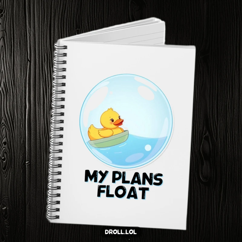 Funny notebook cover art: a cheerful rubber duck sails bravely within a large, shimmering bubble, full of playful adventure.
