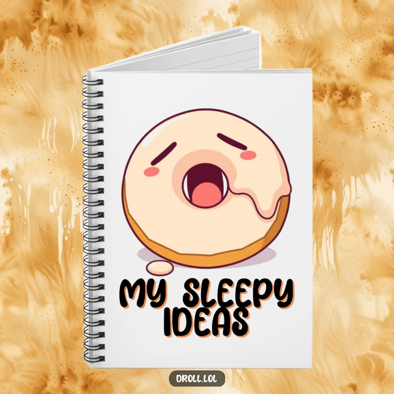 Funny sleepy donut yawning with melting frosting on the cover of a humorous and inspiring notebook.