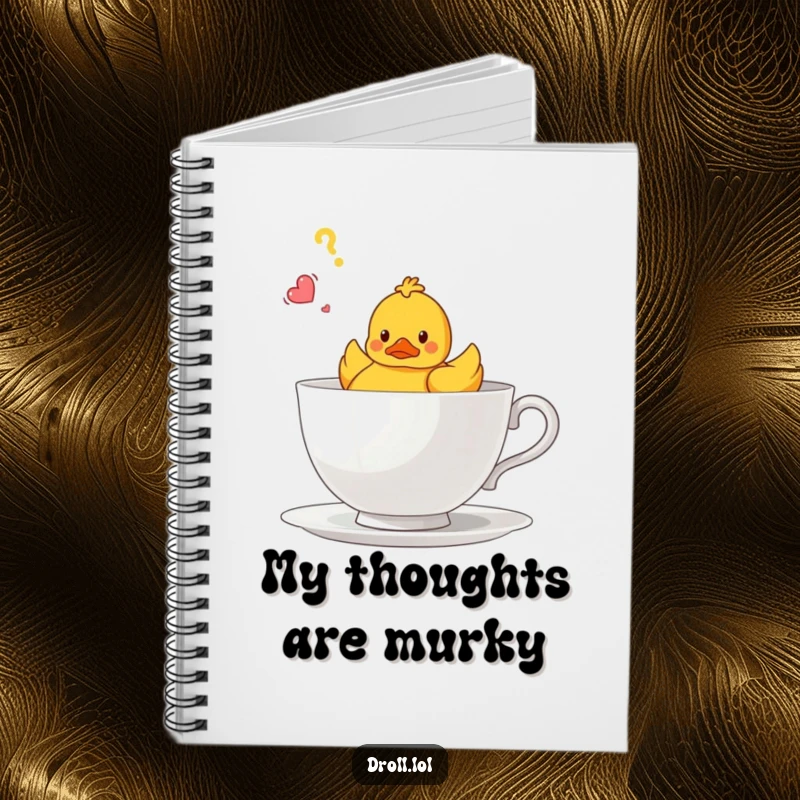 Funny notebook cover showing a perplexed rubber duck bobbing in a giant teacup, perfect for note-taking.
