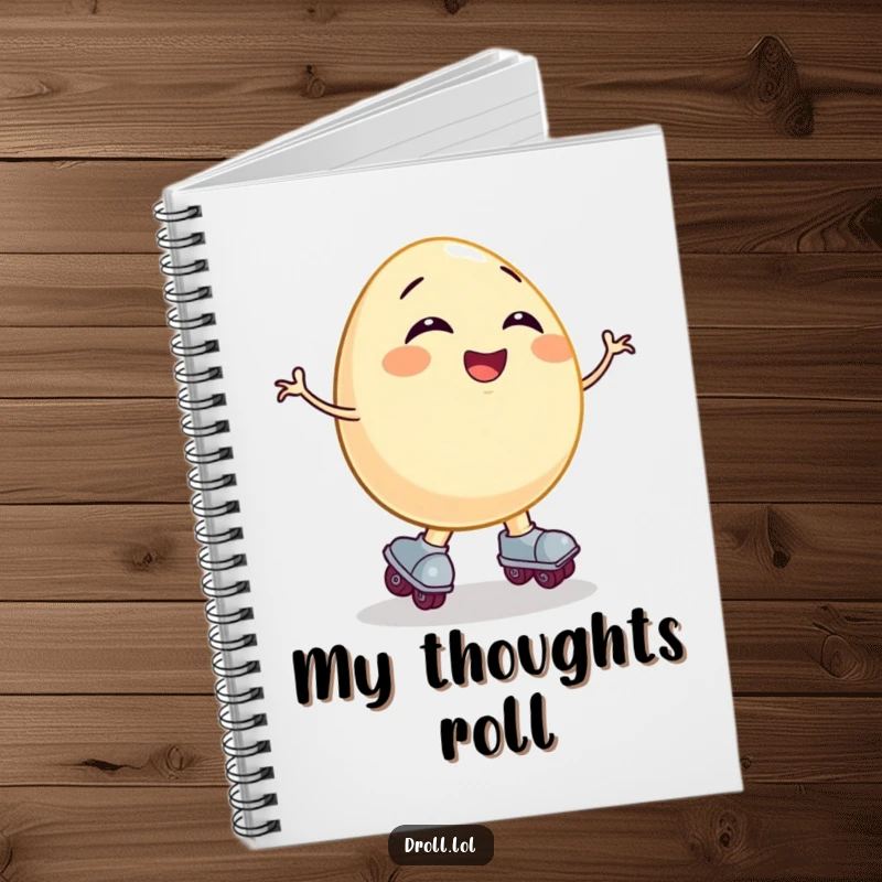 Funny notebook cover art: a giggling egg on roller skates comically falling, capturing a moment of pure, clumsy amusement.
