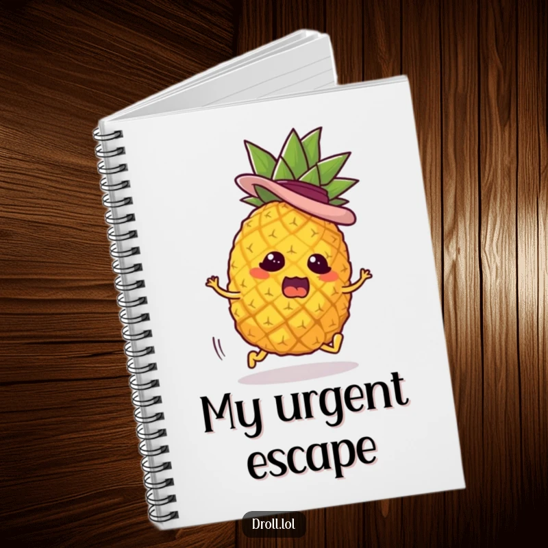 Funny notebook cover with a panicked pineapple character on tiny legs, wearing a jaunty hat, highlighting a comical and urgent escape.
