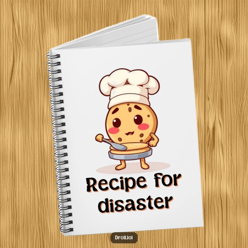 Funny cookie chef wearing a hat, flipping pancakes, a humorous notebook for recipe keepers.