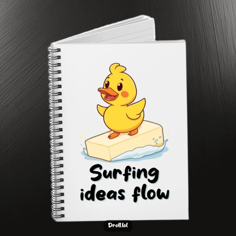 Funny determined rubber duck surfing a giant bar of soap on a notebook cover, a humorous stationery item for jotting down adventurous thoughts.
