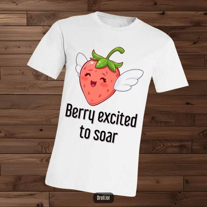 Funny t-shirt depicting a delighted strawberry with tiny wings, looking excited as it tries to fly.