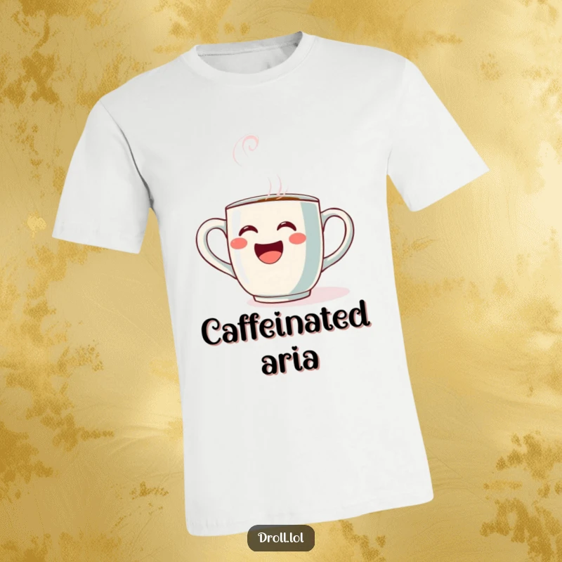 Funny Opera Mug T-Shirt: A cheerful coffee mug is depicted singing opera dramatically, with steam rising like musical notes.