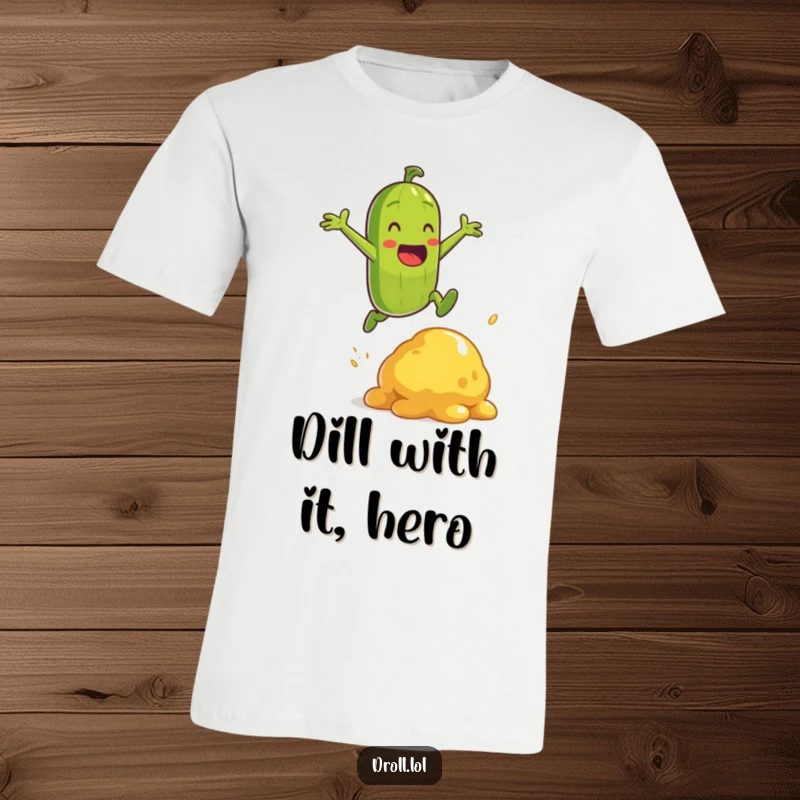 Funny energetic pickle character mid-jump over a mustard blob on a humorous t-shirt, action-packed.