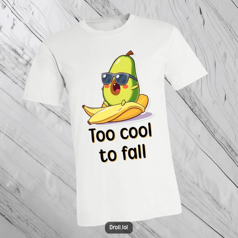Funny t-shirt with a surprised avocado wearing sunglasses slipping on a banana peel, depicting a comical and relatable moment of surprise.