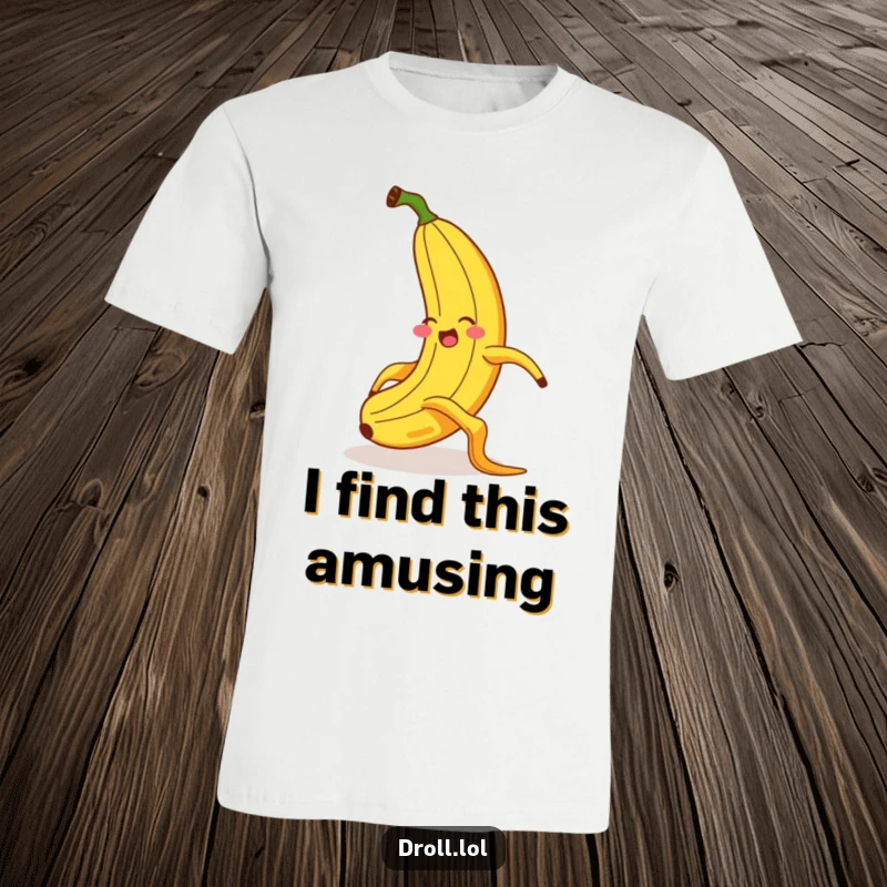 Funny t-shirt showcasing a giggling banana comically slipping on a banana peel, showing extreme exaggerated movements and a surprised face.