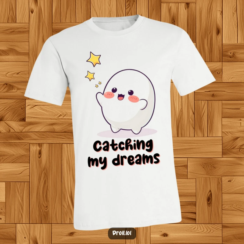 Funny, cute blob character joyfully reaching up to catch falling stars, whimsical t-shirt design.