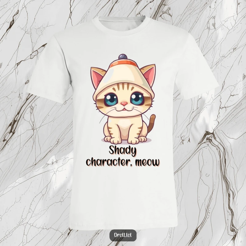 Funny T-Shirt showcasing a mischievous cat wearing a lampshade as a hat with comically wide eyes.