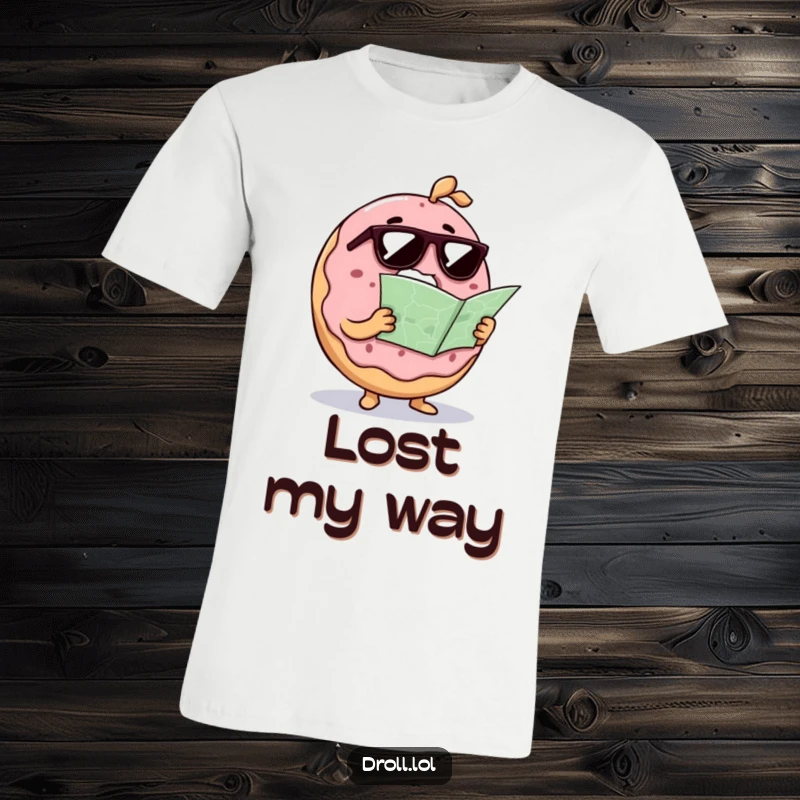 Funny confused donut wearing sunglasses and holding a map, printed on a t-shirt, depicting a humorous food character with a sense of adventure.