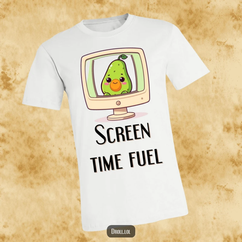 Funny t-shirt with a curious avocado peeking from a giant computer screen, a humorous take on digital life.