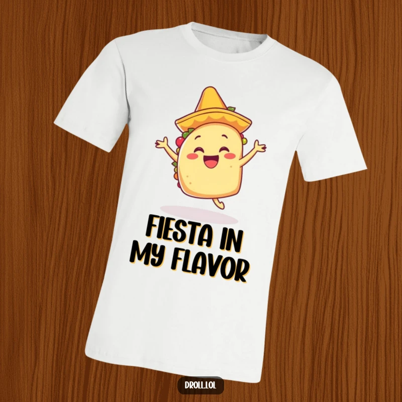 Funny happy taco in a tiny mariachi hat, dancing with excitement on a vibrant t-shirt.