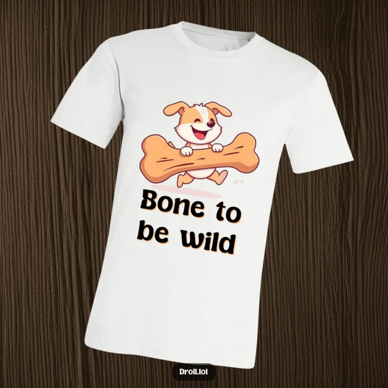 Funny T-Shirt depicting a cheerful dog gleefully chasing a giant bone with a silly, determined grin.