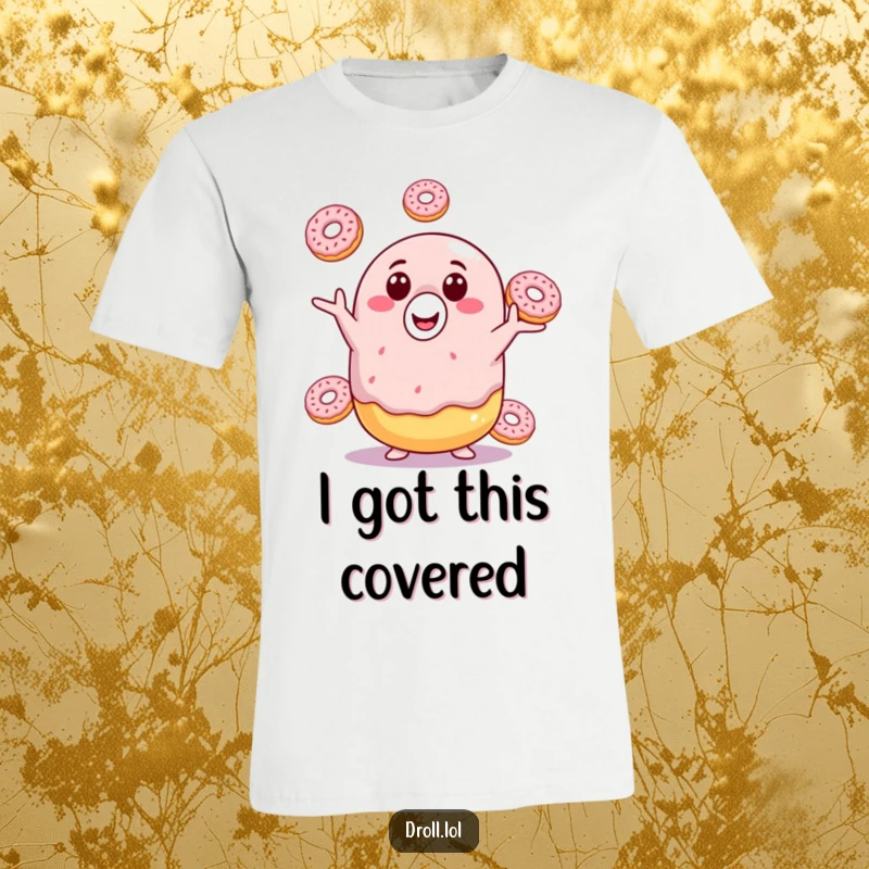 Funny donut t-shirt showing a cheerful donut artistically juggling miniature donuts, radiating pure, sugary joy and playful energy.