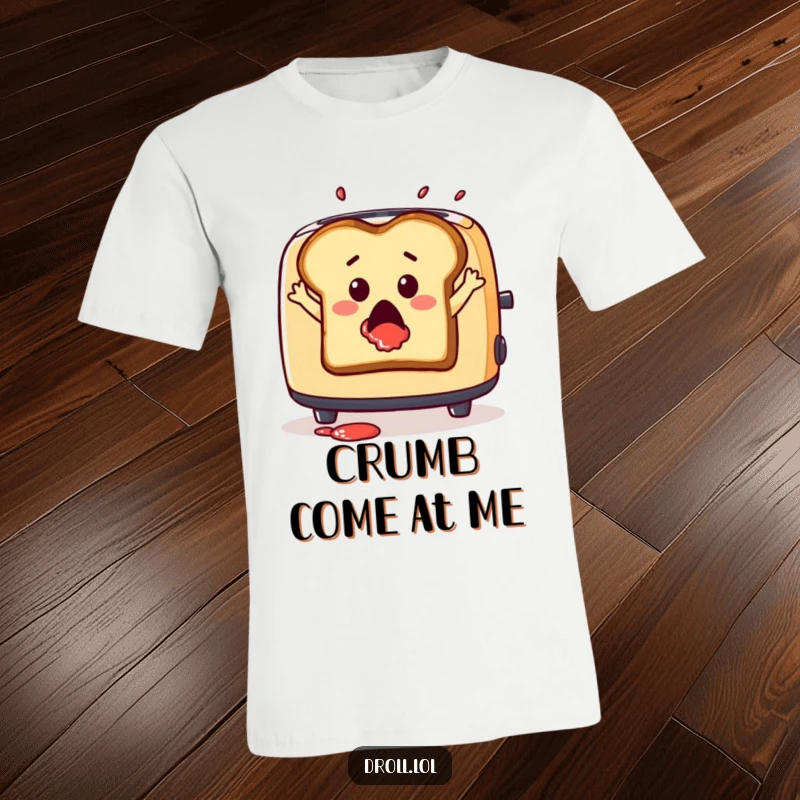 Funny t-shirt depicting a surprised slice of toast leaping from a toaster with jam splatter, a humorous food design.