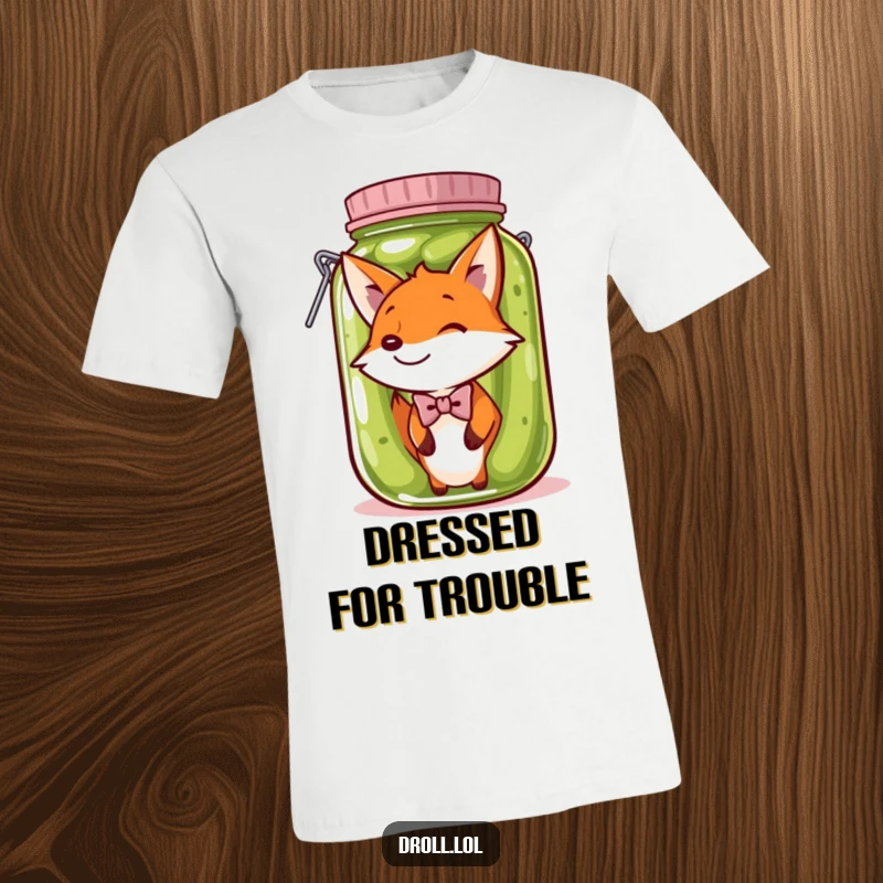 Funny T-Shirt: A dapper fox wearing a bow tie is humorously stuck in a giant pickle jar, showcasing quirky charm.