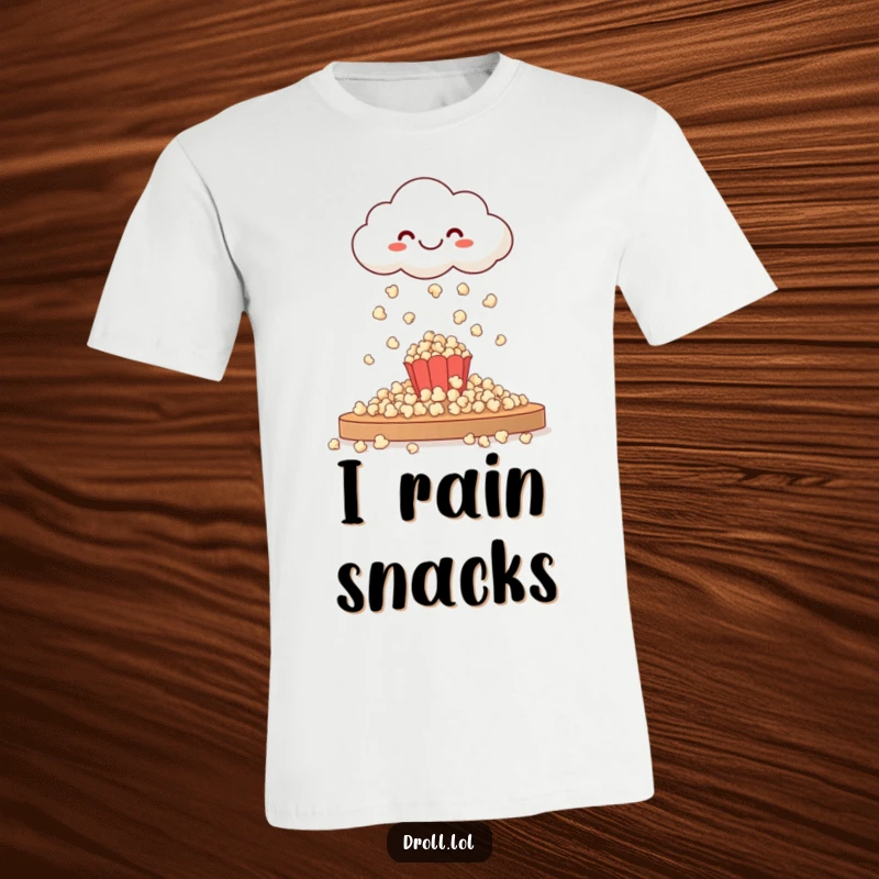 Funny t-shirt graphic of a cheerful cloud happily raining popcorn onto a surface, embodying pure, snack-related joy.