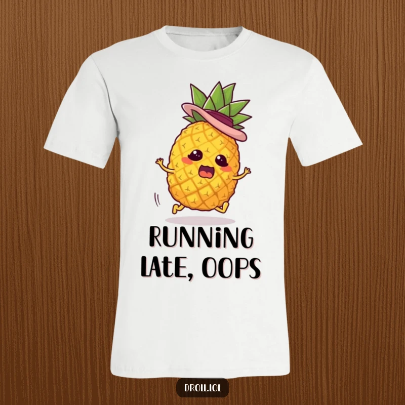 Funny t-shirt with a comical pineapple character on tiny legs, wearing a jaunty hat and looking utterly panicked as it makes a hasty escape.