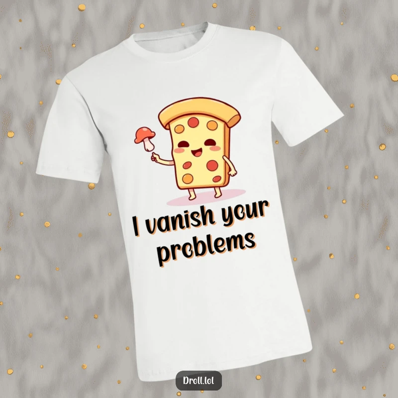 Funny smug pizza slice character performing a magic trick, levitating a tiny mushroom, on a humorous t-shirt.