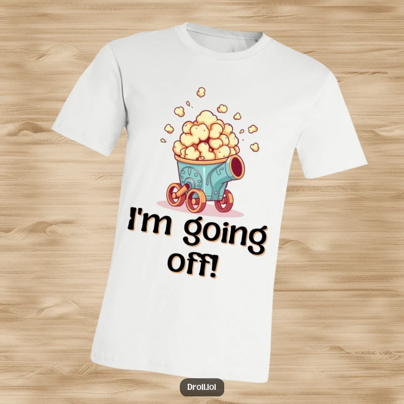 Funny t-shirt: A cheering popcorn piece dramatically launching from a small, fancy cannon, ready for snack action.