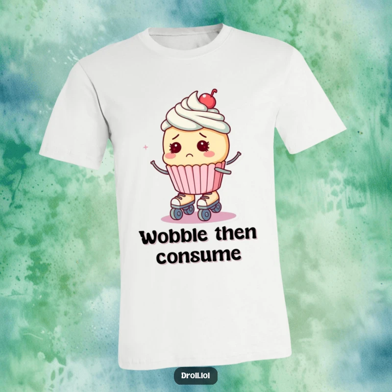 Funny t-shirt depicting a bewildered cupcake on roller skates, looking surprised as it loses balance.